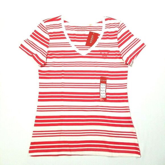 Guess‎ Women's V-neck Top Short Sleeve Logo Tee New - Picture 1 of 6